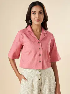 AKKRITI BY PANTALOONS Floral Embroidered Flared Sleeves Cotton Shirt Style Crop Top