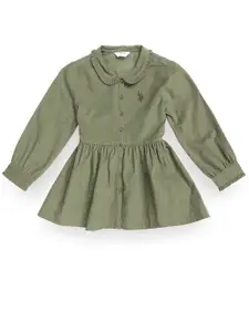 U.S. Polo Assn. Kids Girls Peter Pan Collar Fit and Flare Pure Cotton Corduroy Dress