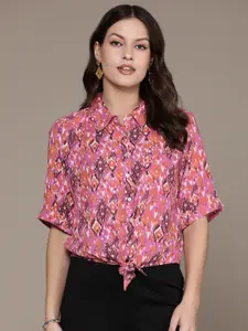 Label Ritu Kumar Relaxed Printed Crepe Casual Shirt with Tie-Up Detail