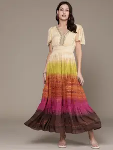 Label Ritu Kumar Colourblocked Flared Sleeve A-Line Maxi Dress