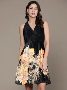 Label Ritu Kumar Floral Print Velvet A-Line Dress