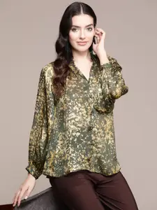 Label Ritu Kumar Print Mandarin Collar Georgette Shirt Style Top