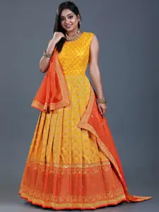 ODETTE Ethnic Motifs Woven Design Sleeveless Banarasi Silk Ethnic Dresses With Dupatta