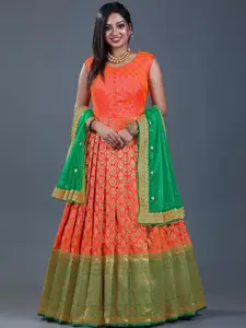 ODETTE Ethnic Motifs Woven Design Sleeveless Banarasi Silk Ethnic Dress With Dupatta
