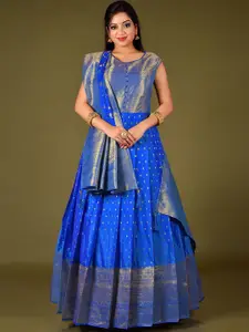 ODETTE Ethnic Woven Design Banarasi Silk Fit & Flare Maxi Ethnic Dress with Dupatta