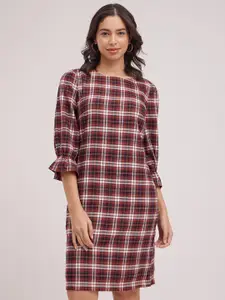 FableStreet Checked Boat Neck Puff Sleeves Cotton A-Line Dress