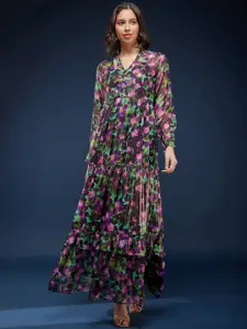 FableStreet Floral Printed Smocked Detailed Tie-Up Neck Maxi Dress