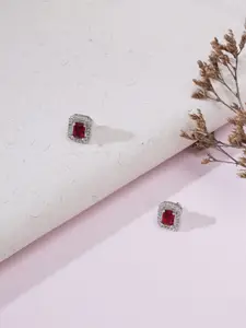 Ruby Raang Silver-Plated Stones Studded Square Studs Earrings