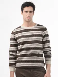 RARE RABBIT Men Fare Crew Neck Striped Acrylic Sweater