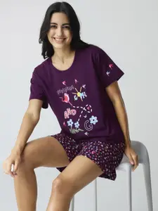 I like me Purple Graphic Printed Pure Cotton Night suit