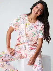 I like me Peach Coloured Floral Printed Pure Cotton Night suit