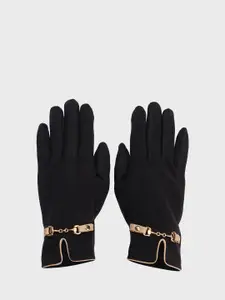 20Dresses Women Black Buckle Trim Winter Gloves