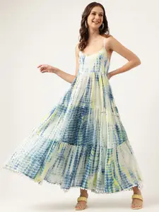 KALINI Tie and Dye Printed Shoulder Straps Gathered Tiered Cotton Maxi Dress