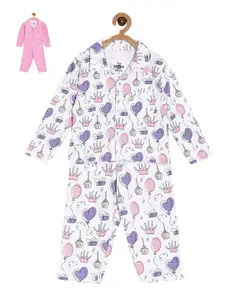 The Mom Store Infant Girls Pack Of 2 Conversational Printed Pure Cotton Night suit