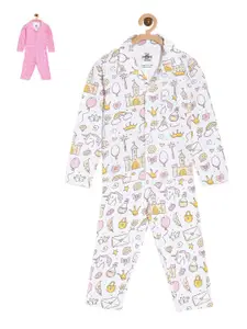 The Mom Store Infant Girls Pack Of 2 Conversational Printed Pure Cotton Night suit
