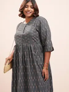 Vishudh Women Plus size Grey & Mustard Printed Aline Midi Dress