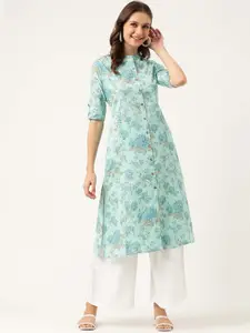 KALINI Floral Printed Mandarin Collar Roll-Up Sleeves A-Line Kurta
