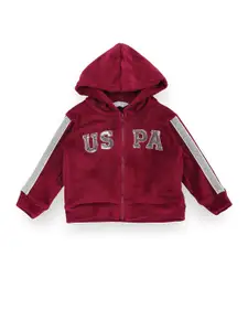 U.S. Polo Assn. Kids Girls Embellished Tape Hooded Front-Open Sweatshirt