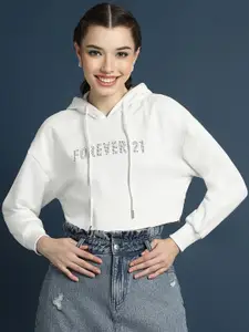 FOREVER 21 Typography Printed Hooded Cotton Crop Pullover Sweatshirt