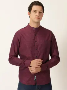 Provogue Classic Slim Fit Horizontal Striped Band Collar Cotton Casual Shirt