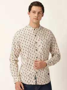 Provogue Classic Slim Fit Floral Printed Band Collar Long Sleeve Cotton Casual Shirt