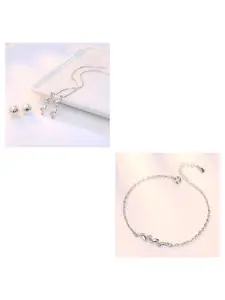 MYKI Silver-Plated Cubic Zirconia Studded Stainless Steel Bracelet & Earrings