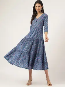 KALINI Floral Printed Cotton Fit & Flare Midi Ethnic Dress