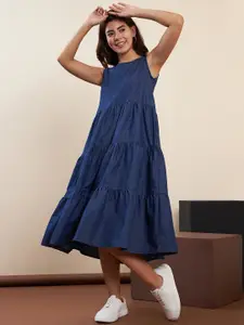 StyleStone Blue Sleeveless Cotton Denim Loose Fit Tiered Fit & Flare Dress