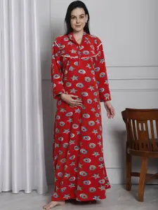 Secret Wish Conversational Printed Spread Collar Maternity Maxi Nightdress