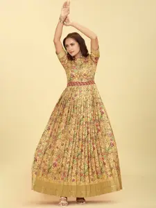 CHANSI Floral Printed Silk Flared Ethnic Dresses Comes with a belt