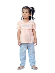 BAESD Girls Checked Puff Sleeves Pure Cotton Top