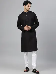 Fabindia Striped Band Collar Thread Work Pure Cotton Straight Kurta