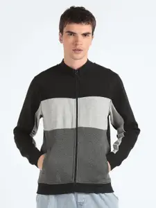 Flying Machine Colourblocked Mock Collar Front Open Sweatshirt