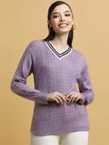 FOREVER 21 Purple Cable Knit V-Neck Acrylic Pullover