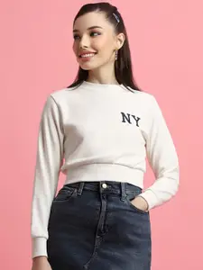 FOREVER 21 Typography Embroidered Round Neck Pullover Sweatshirt