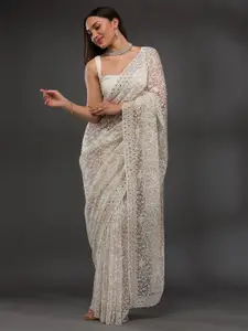 Koskii Floral Embroidered Beads and Stones Net Saree