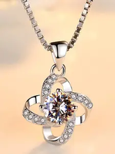 MYKI Silver-Plated CZ-Studded Flower Design Pendant With Chain