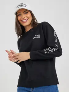 Styli Black HD Foil Typography Printed Cotton Pullover Sweatshirt