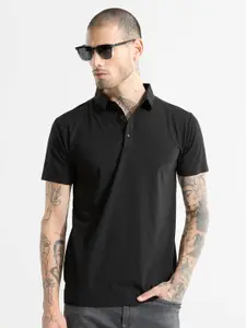 Snitch Black Polo Collar Slim Fit T-shirt