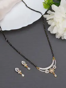 Mali Fionna Gold-Plated Stone Studded And Beaded Mangalsutra With Earrings