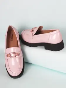 DressBerry Women Pink Comfort Insole Heeled Horsebit Loafers