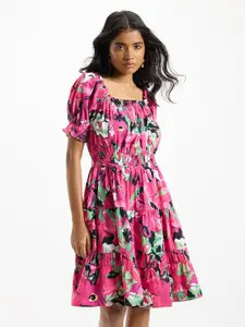 Virgio Floral Printed Tiered Cotton A-Line Dress