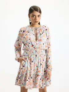 Virgio Floral Printed Tie-Up Neck Cuffed Sleeve Fit & flare Dress