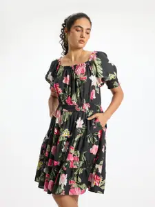 Virgio Floral Printed Puff Sleeves Smocked Tiered Fit & Flare Dress