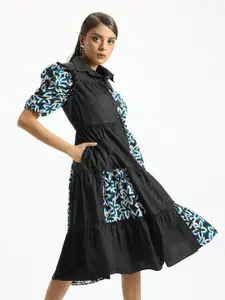 Virgio Floral Printed Shirt Collar Puff Sleeves Cotton Tiered Shirt Dress