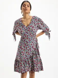 Virgio Floral Printed Puff Sleeves Tie Up Ruffled Fit & Flare Dress
