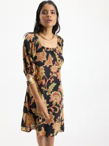 Virgio Floral Printed Square Neck Gathered A-Line Dress