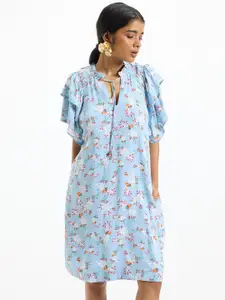 Virgio Floral Printed Tie-Up Neck Flared Sleeves A-Line Dress