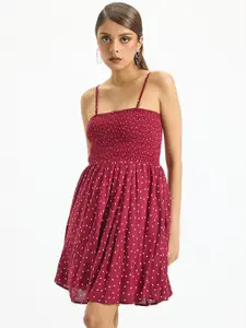 Virgio Polka Dot Printed Smocked Fit & Flared Dress