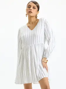 Virgio Vertical Striped Puff Sleeves V-Neck A-Line Dress
